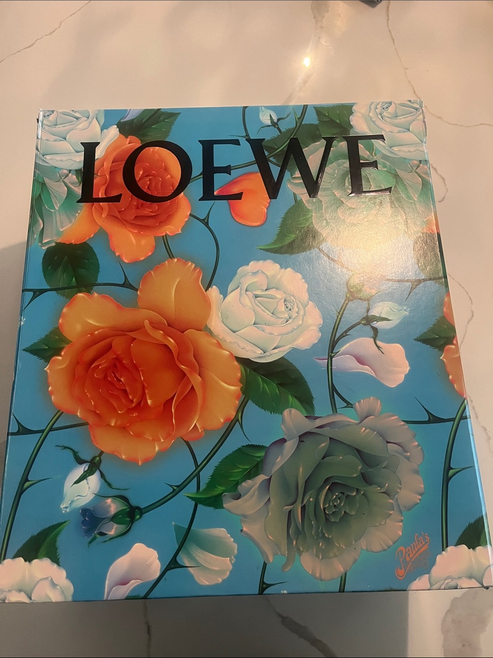 Loewe Paula edition Blue Box with Orange, Cream and Green Roses 14"x16"x8"
